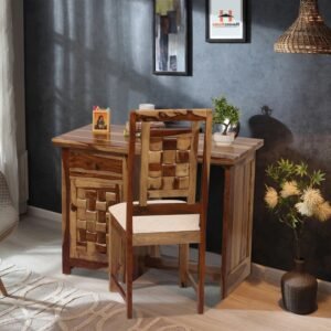 nivora solid sheesham wood computer table with cabinet and drawer storage with chair, wood writing desk, study desk, office desk, laptop table (natural wood)