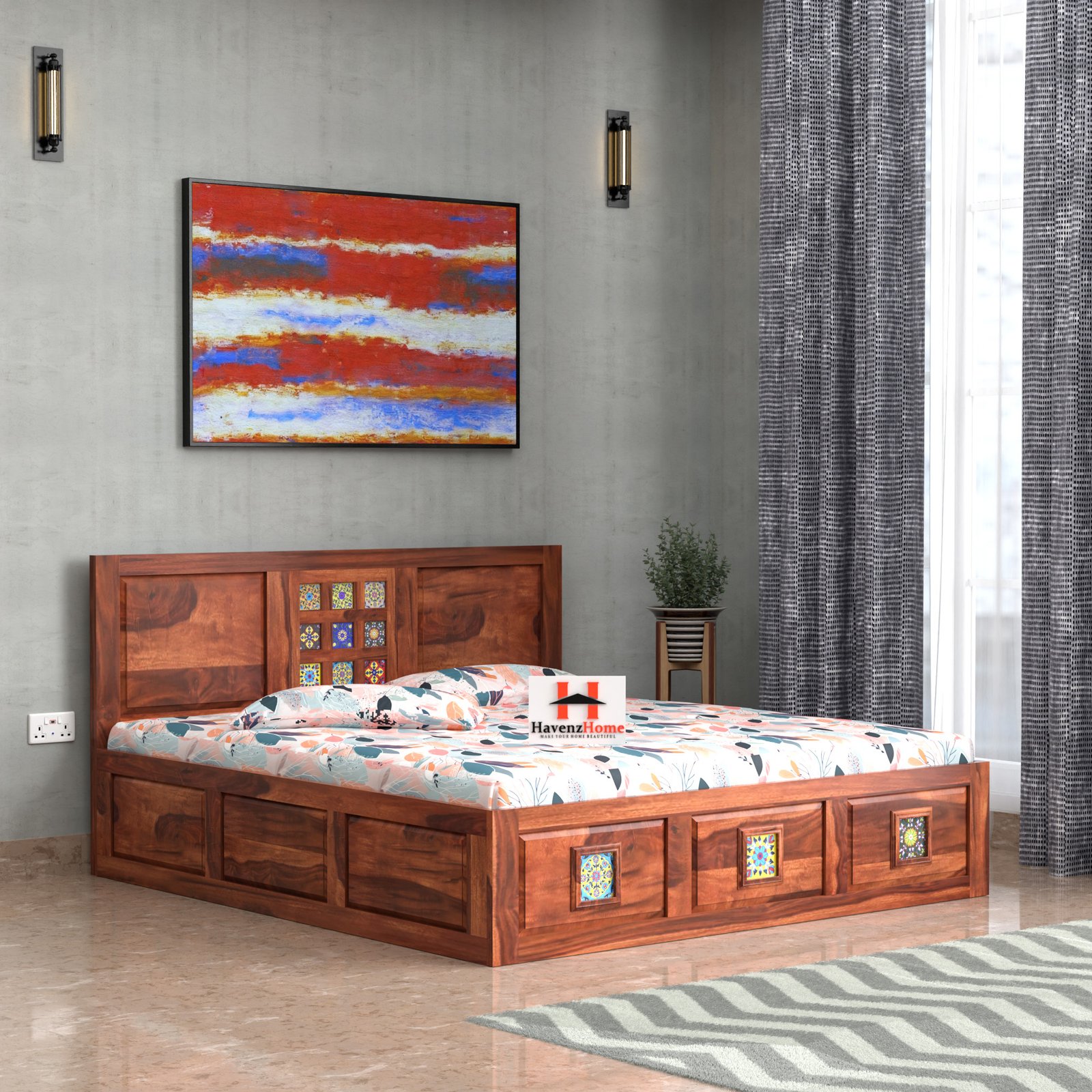 HavenzHome Solid Sheesham Queen Size Wood Storage Bed | Modern Wooden Bed with Spacious Storage