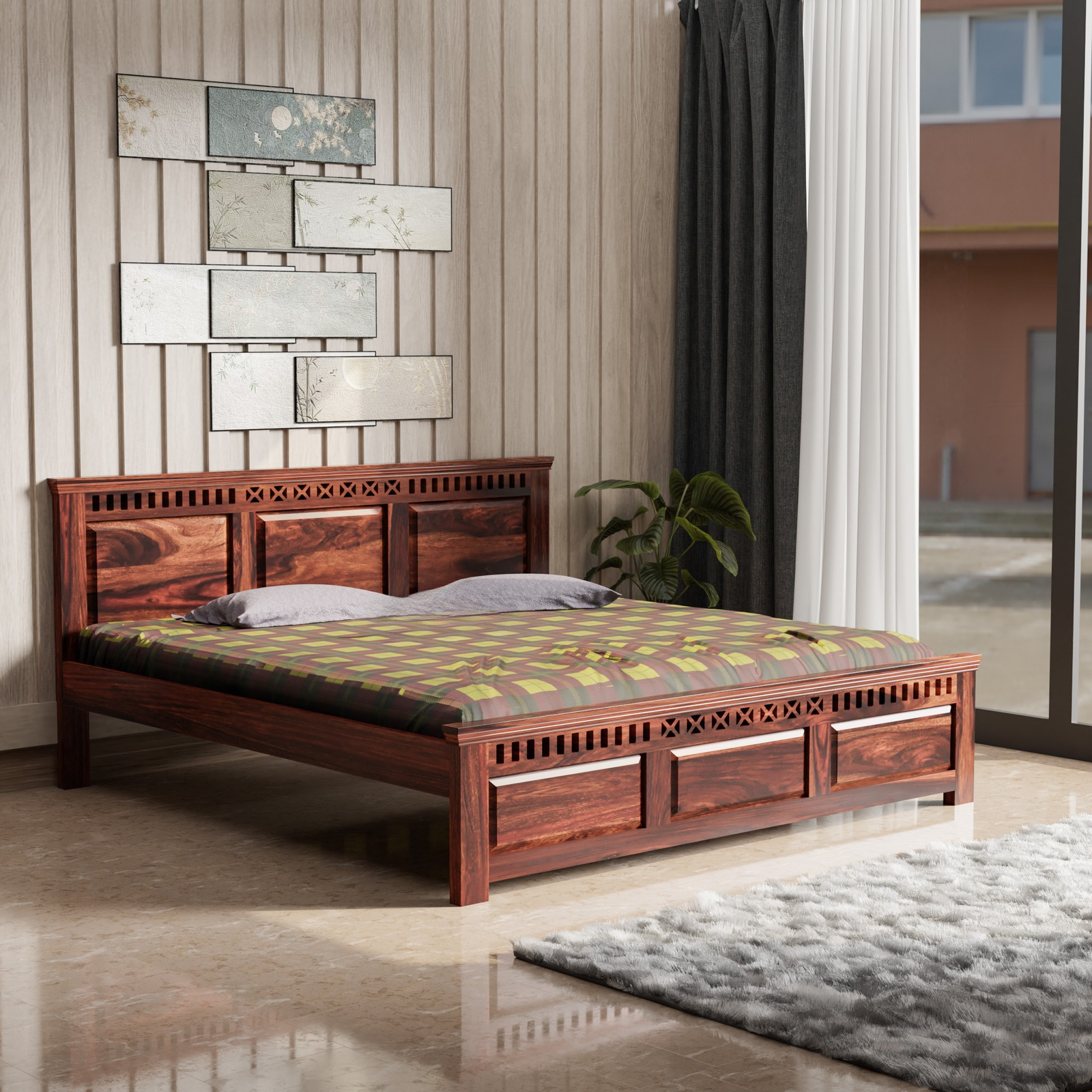 HavenzHome Solid Sheesham Wood King Size Bed without Storage