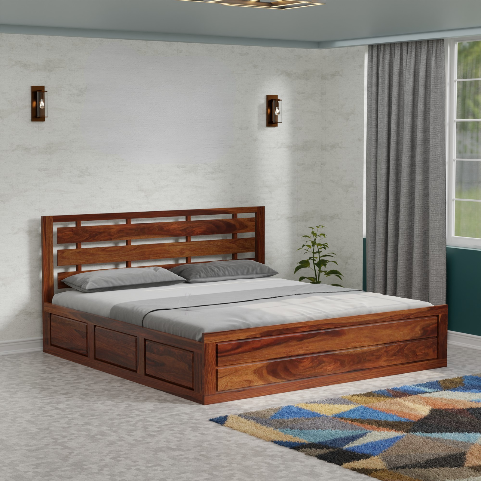 HavenzHome Solid Sheesham Wood King Size Storage Bed | Modern Wooden Bed with Spacious Storage