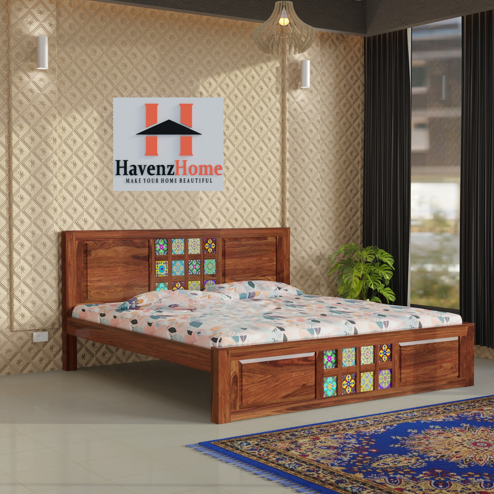 HavenzHome Solid Sheesham Wood Queen Size Bed without Storage
