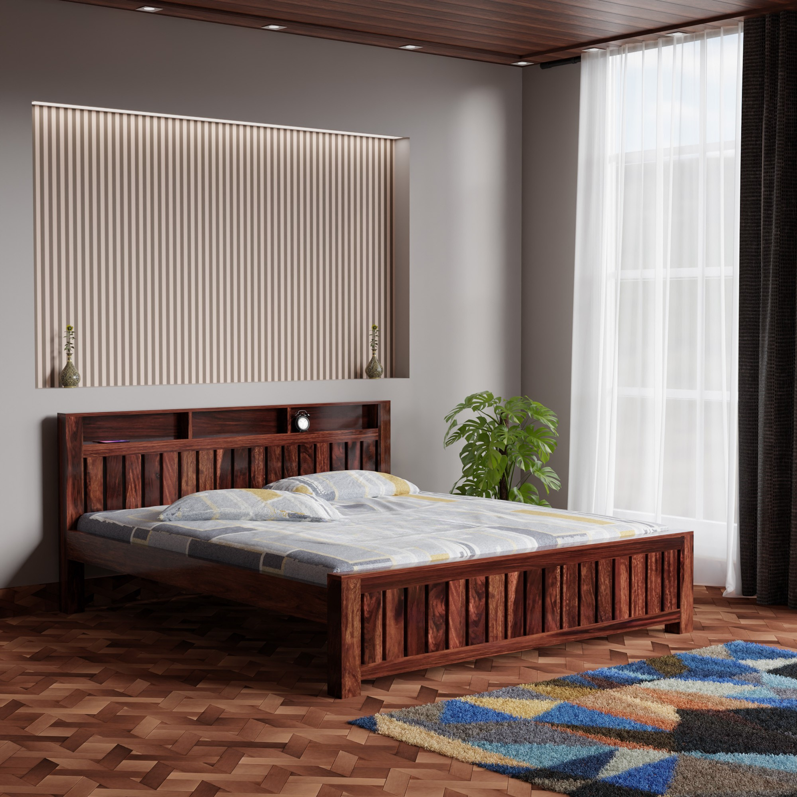 HavenzHome Solid Sheesham Wood King Size Bed without Storage