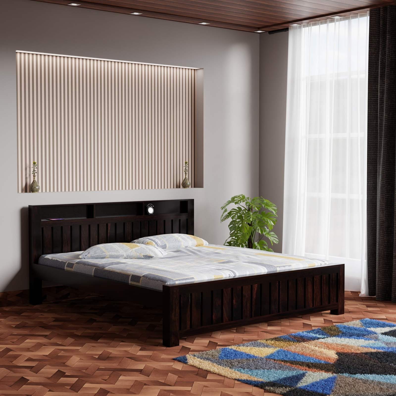 HavenzHome Solid Sheesham Wood Queen Size Bed without Storage