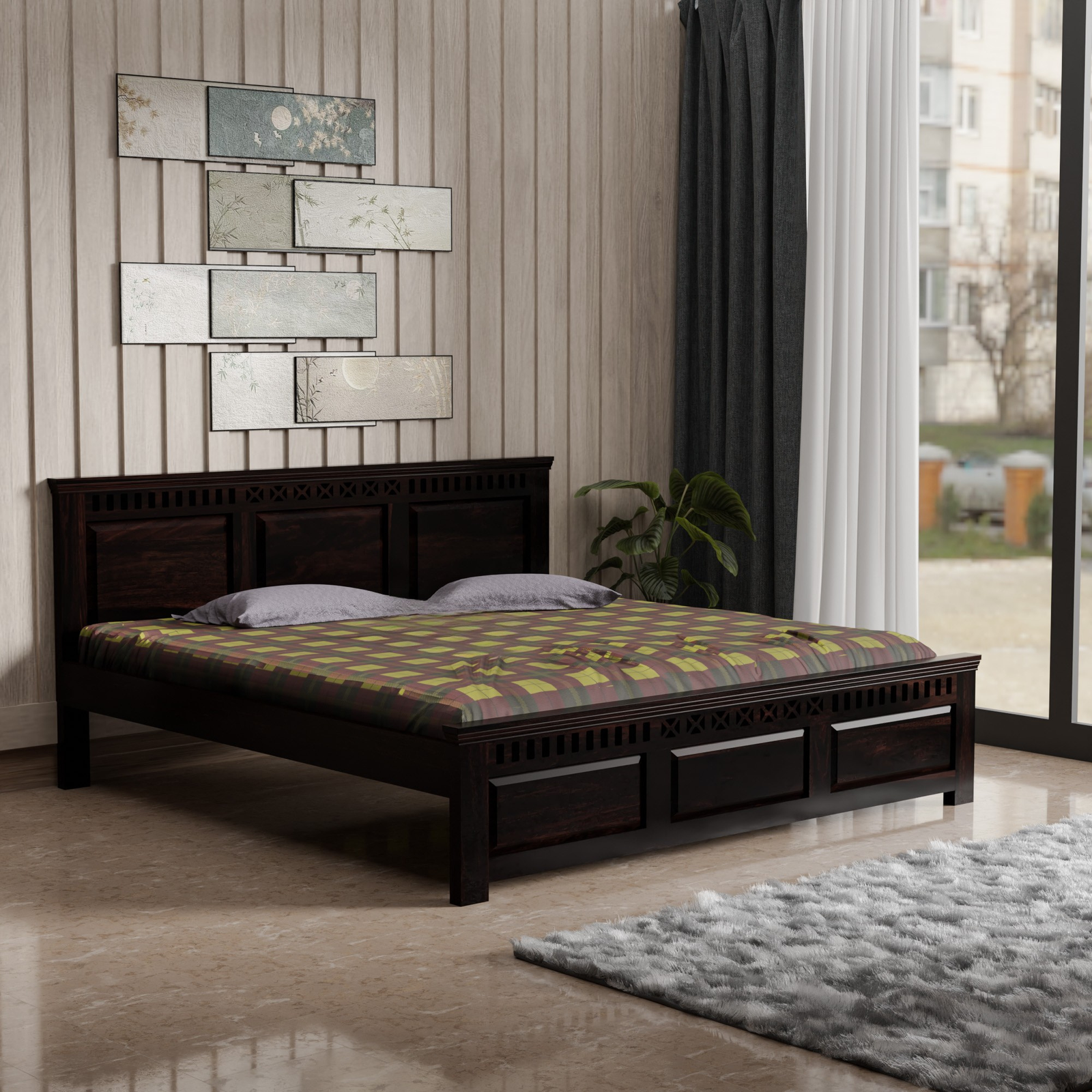 HavenzHome Solid Sheesham Wood King Size Bed without Storage