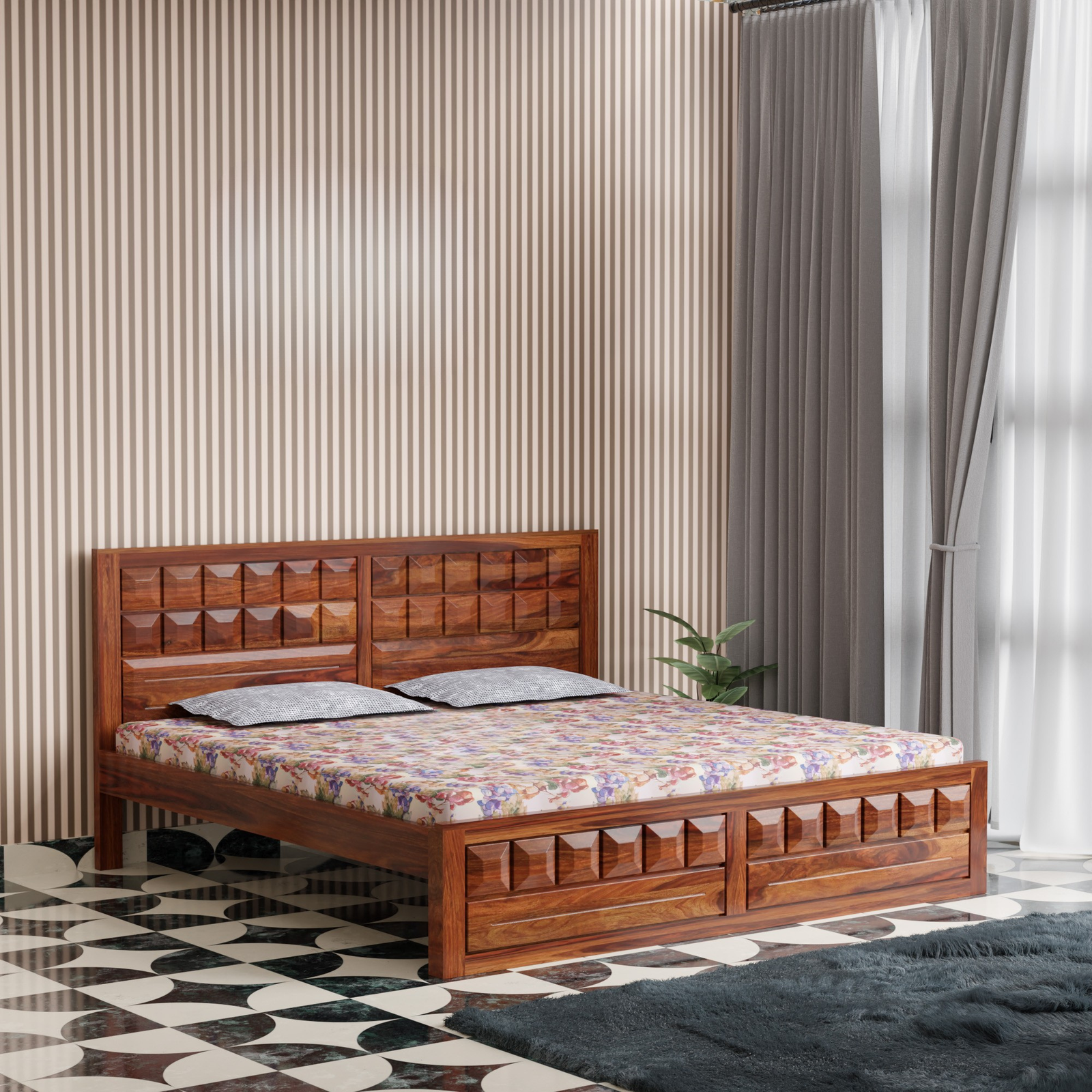 HavenzHome Solid Sheesham Wood King Size Bed without Storage