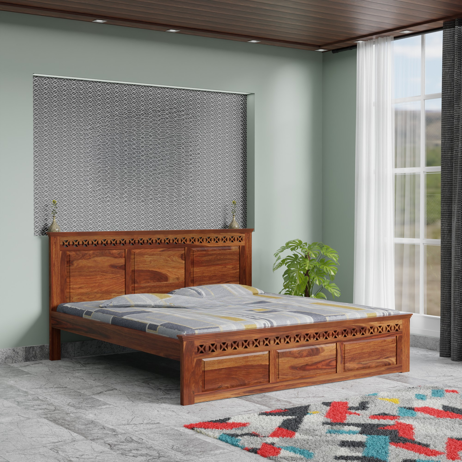 HavenzHome Solid Sheesham Wood King Size Bed without Storage