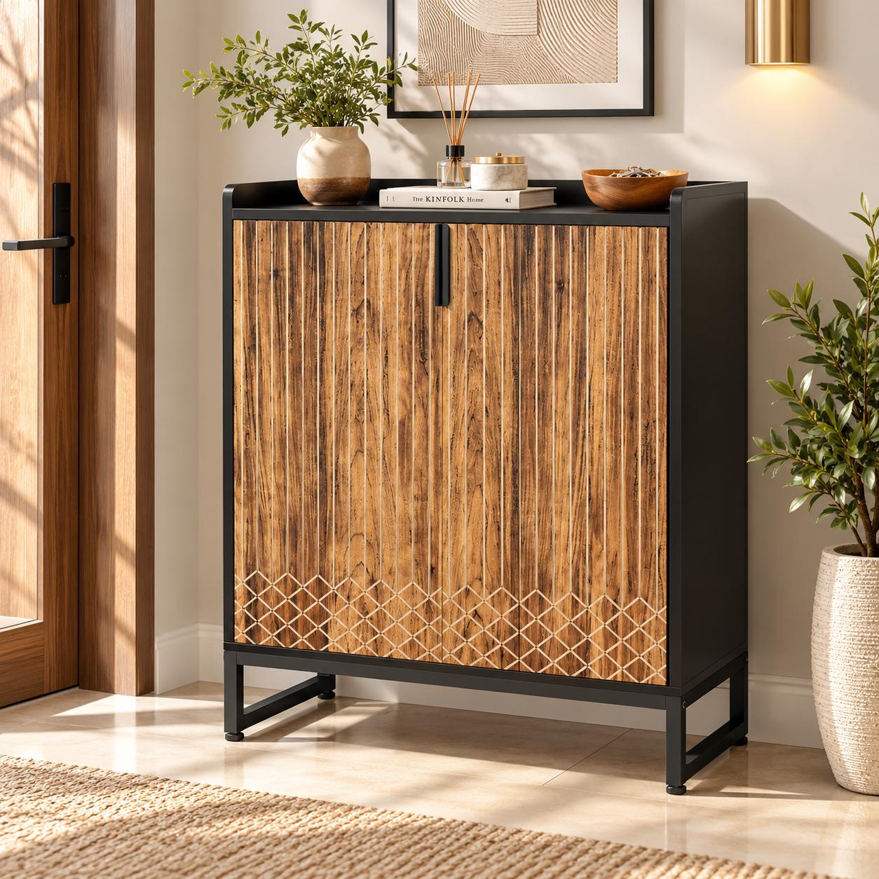 HavenzHome Premium Wooden Shoe Rack with Textured Doors – Natural Wood & Black Finish