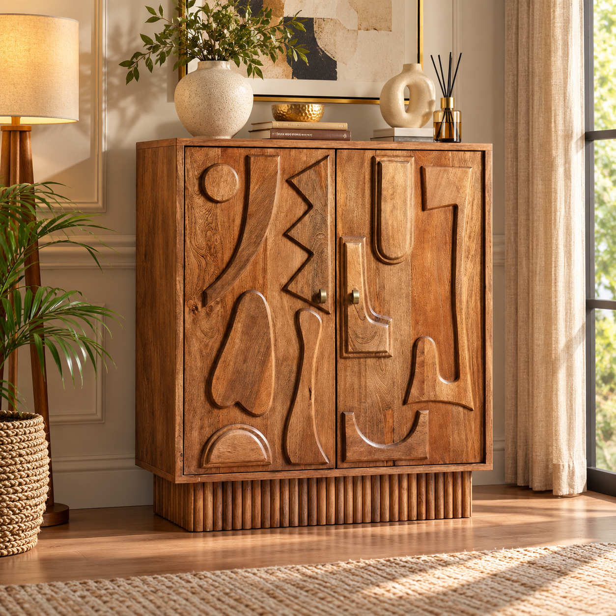 HavenzHome Premium Artistic Carved Wooden Cabinet – Natural Honey Finish