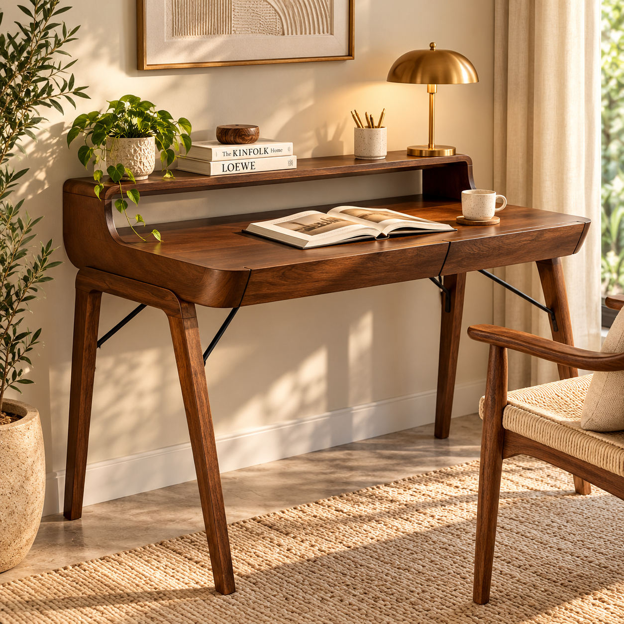 HavenzHome Premium Wooden Study Desk with Raised Shelf – Natural Honey Finish