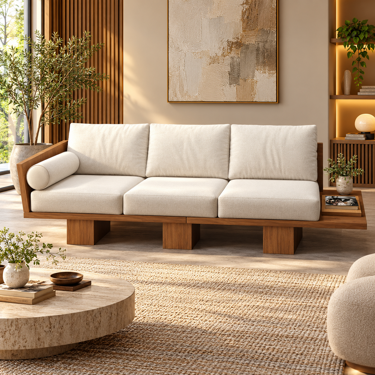 HavenzHome Premium 3-Seater Wooden Sofa with Cream Upholstery