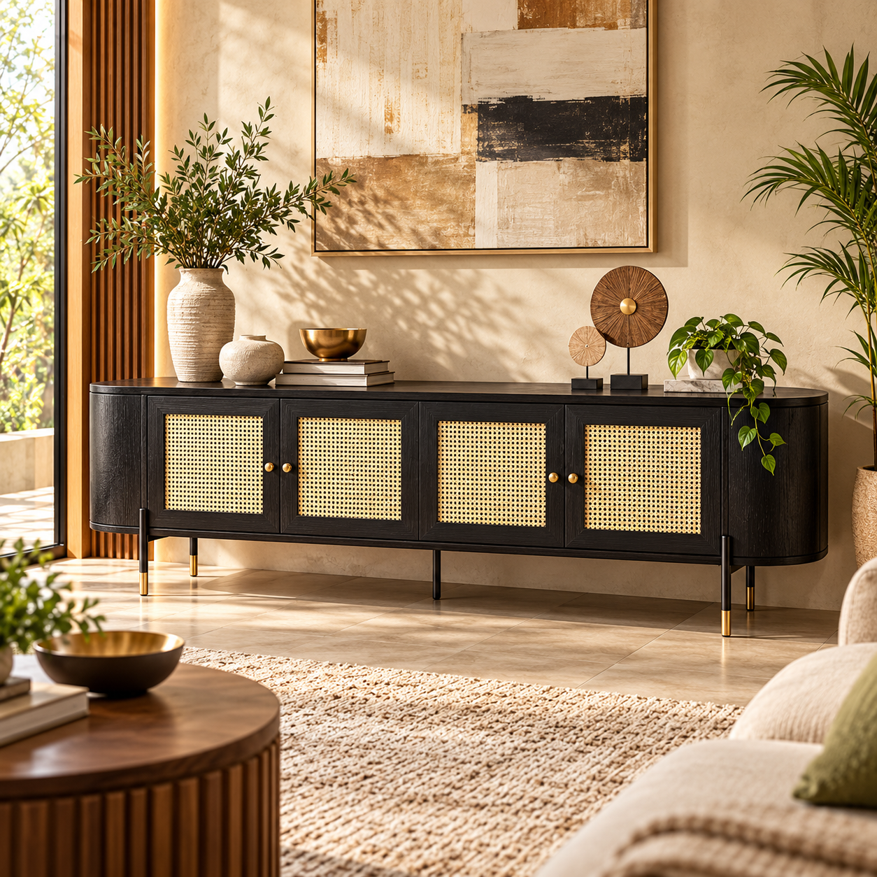 HavenzHome Premium Black Wooden TV Cabinet with Cane Doors and Gold Accents