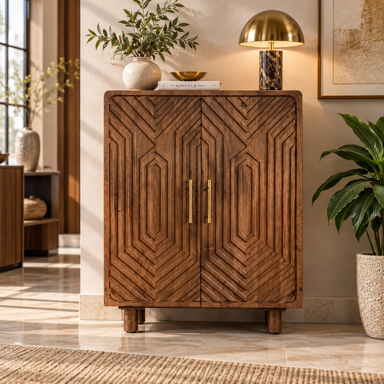 HavenzHome Premium Geometric Carved Wooden Cabinet – Natural Honey Finish